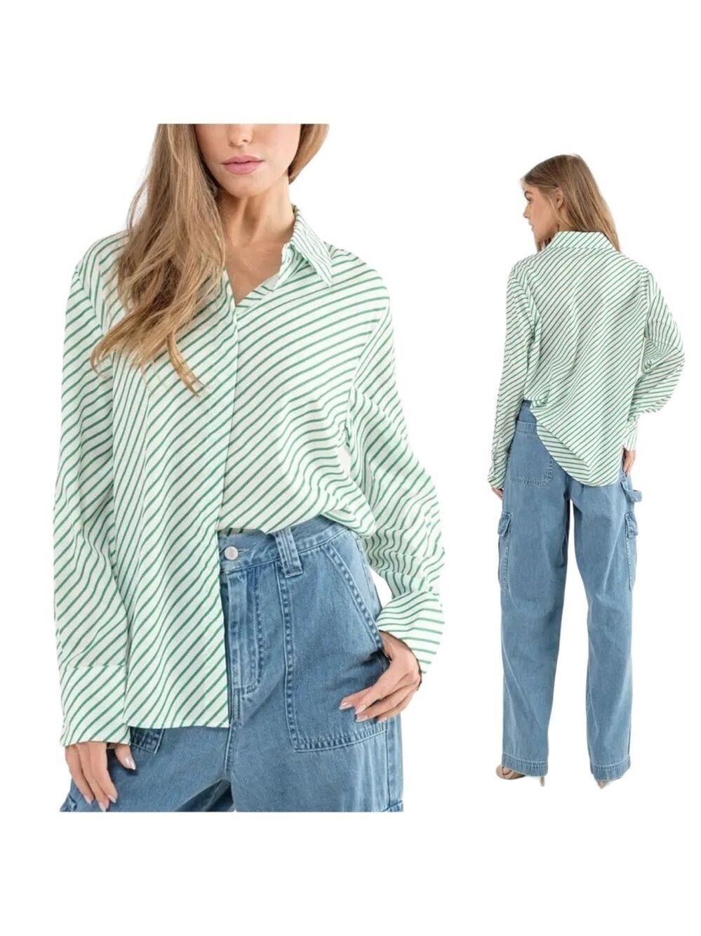 Aaron & Amber Striped Oversized Relaxed Fit Button Up Shirt in Kelly Green